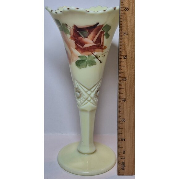 Jefferson Diamond W/ Peg Rose Decorated Custard Glass Vase Glows Art Deco - Picture 2 of 16
